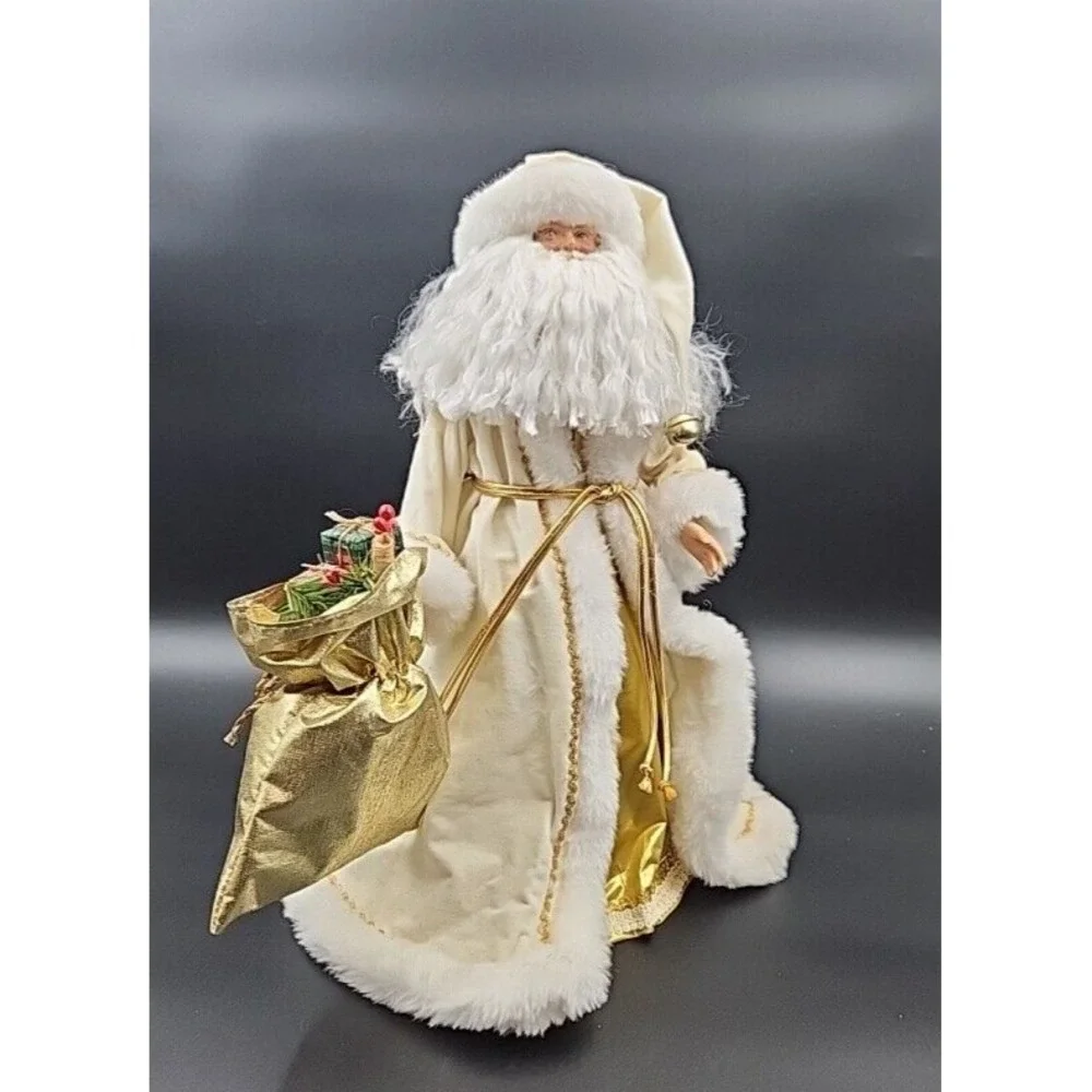 Santa Claus Christmas Tree Topper 16in Cream Gold Velvet Faux Fur Figurine